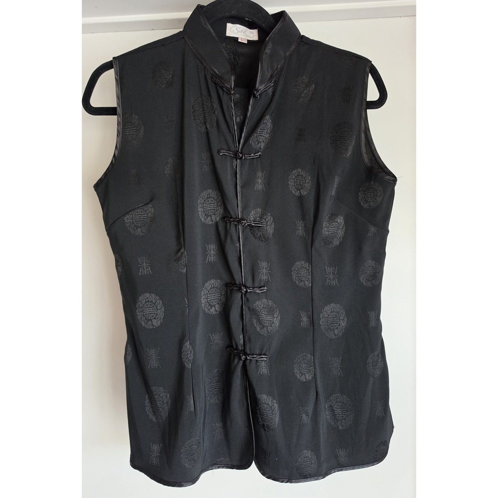 Vintage Silk Fashion Women's Black Sleeveless Blouse Top Size L Silk Asian